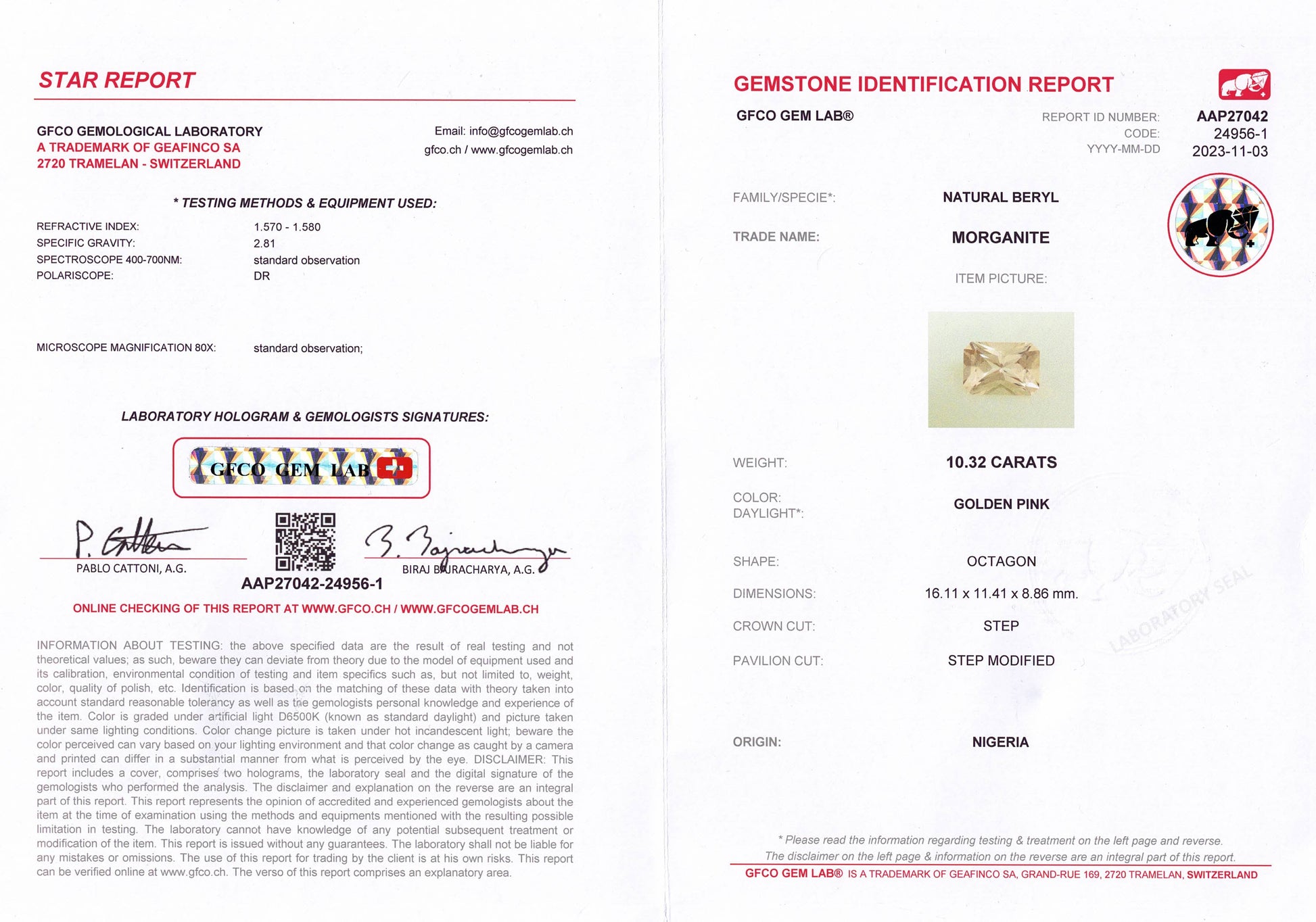 10.32 Golden Pink Morganite Emerald Cut GFCO Report