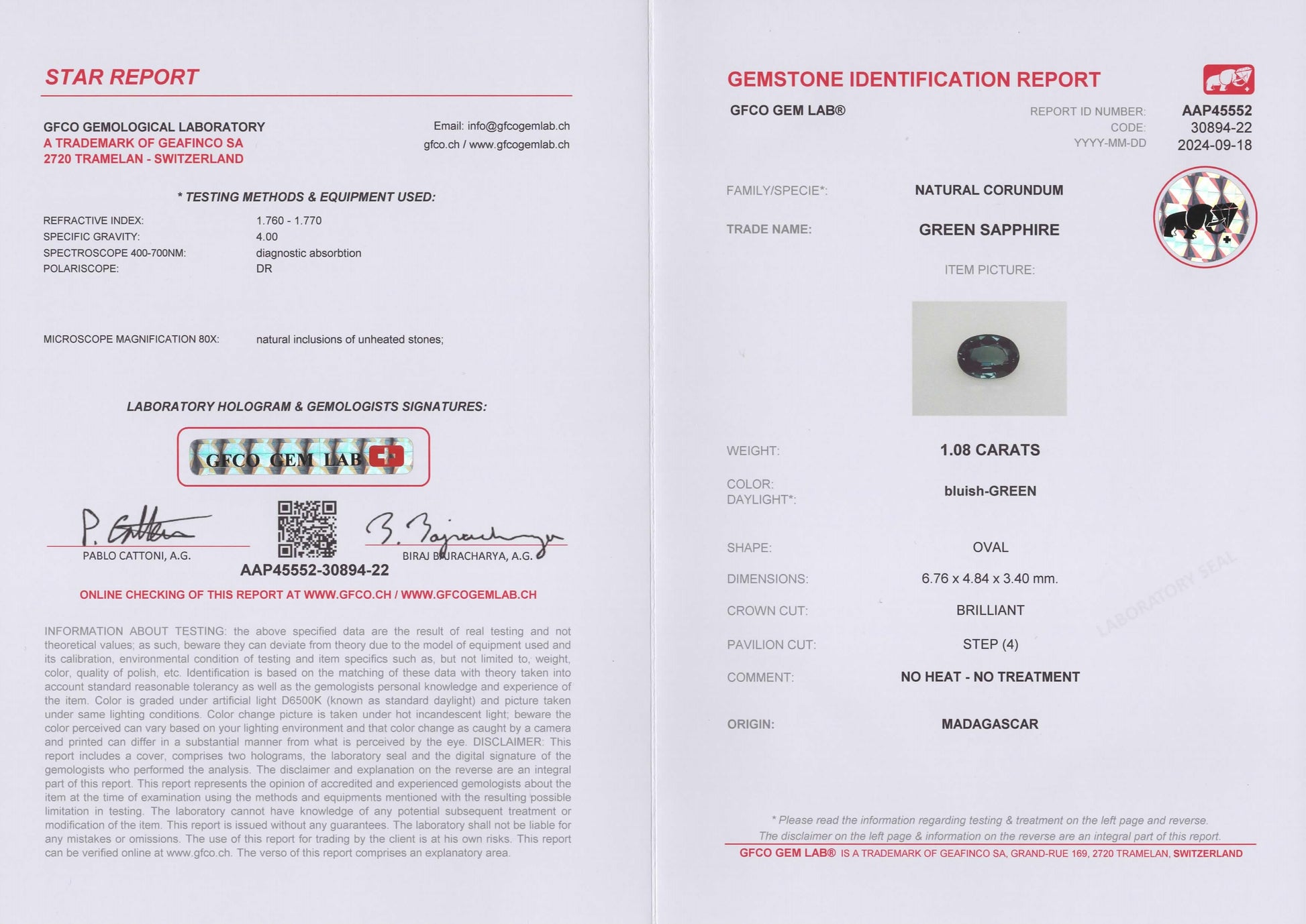 1.08ct Teal Sapphire Oval Cut Madagascar Origin GFCO Report