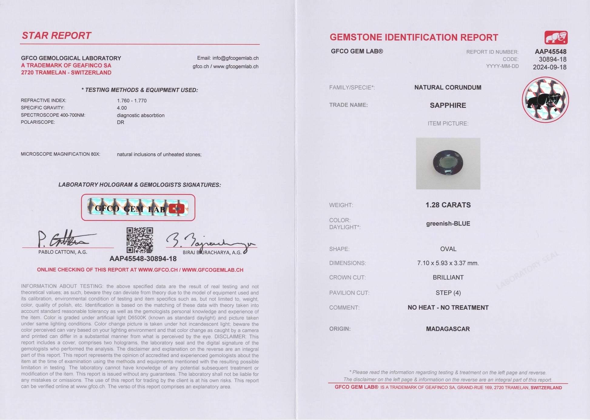 1.28ct Mermaid Sapphire Oval Cut Madagascar Origin GFCO Report