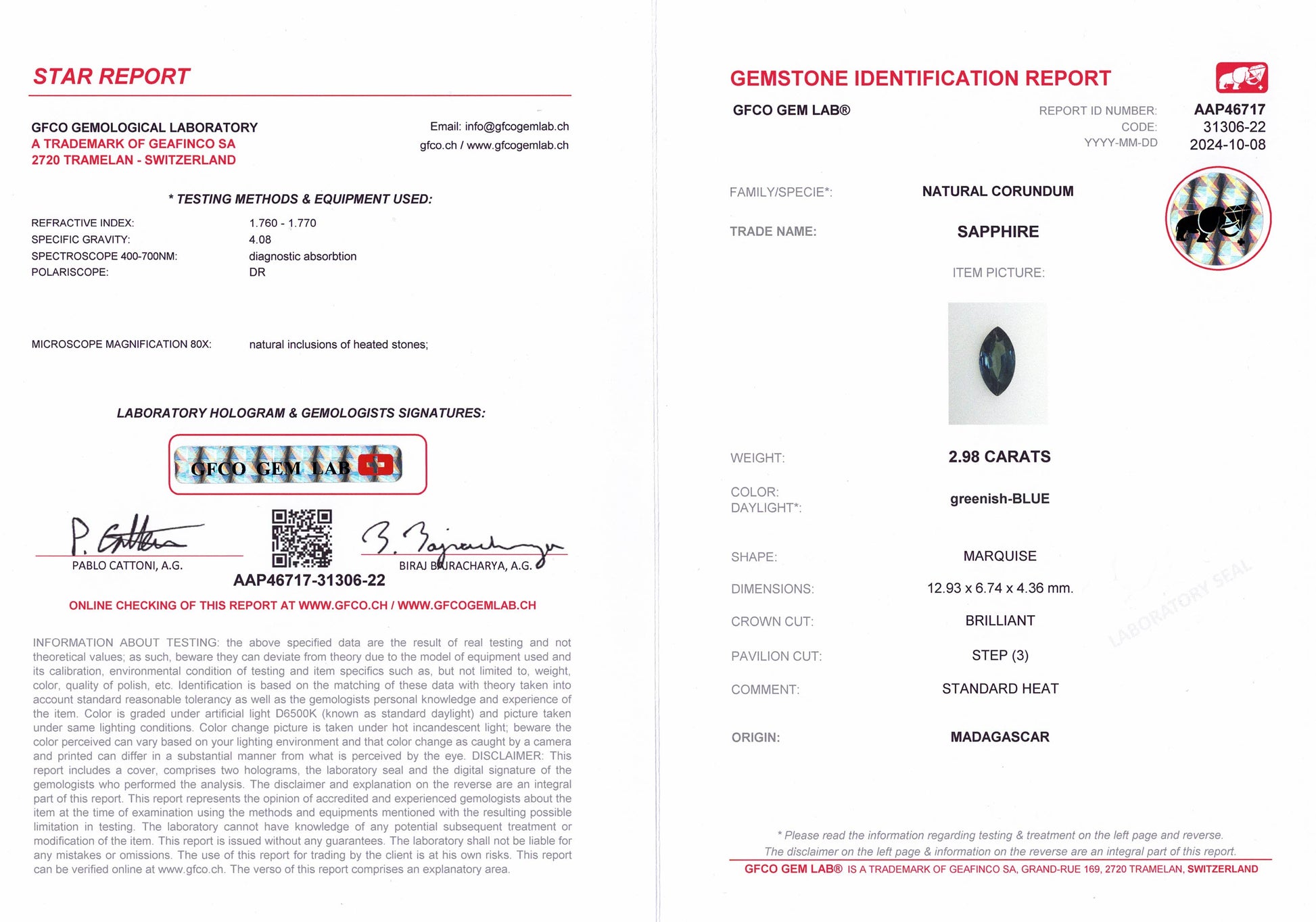 2.98ct Teal Sapphire Marquise Cut GFCO Report