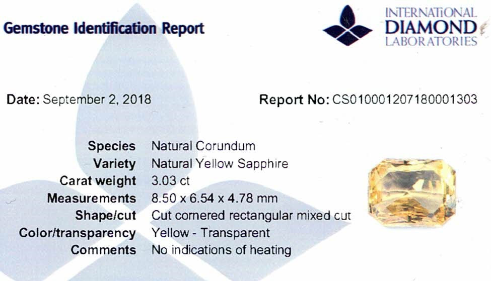 3.03ct Yellow Sapphire Emerald Cut Unheated Ceylon Sri Lanka Origin.