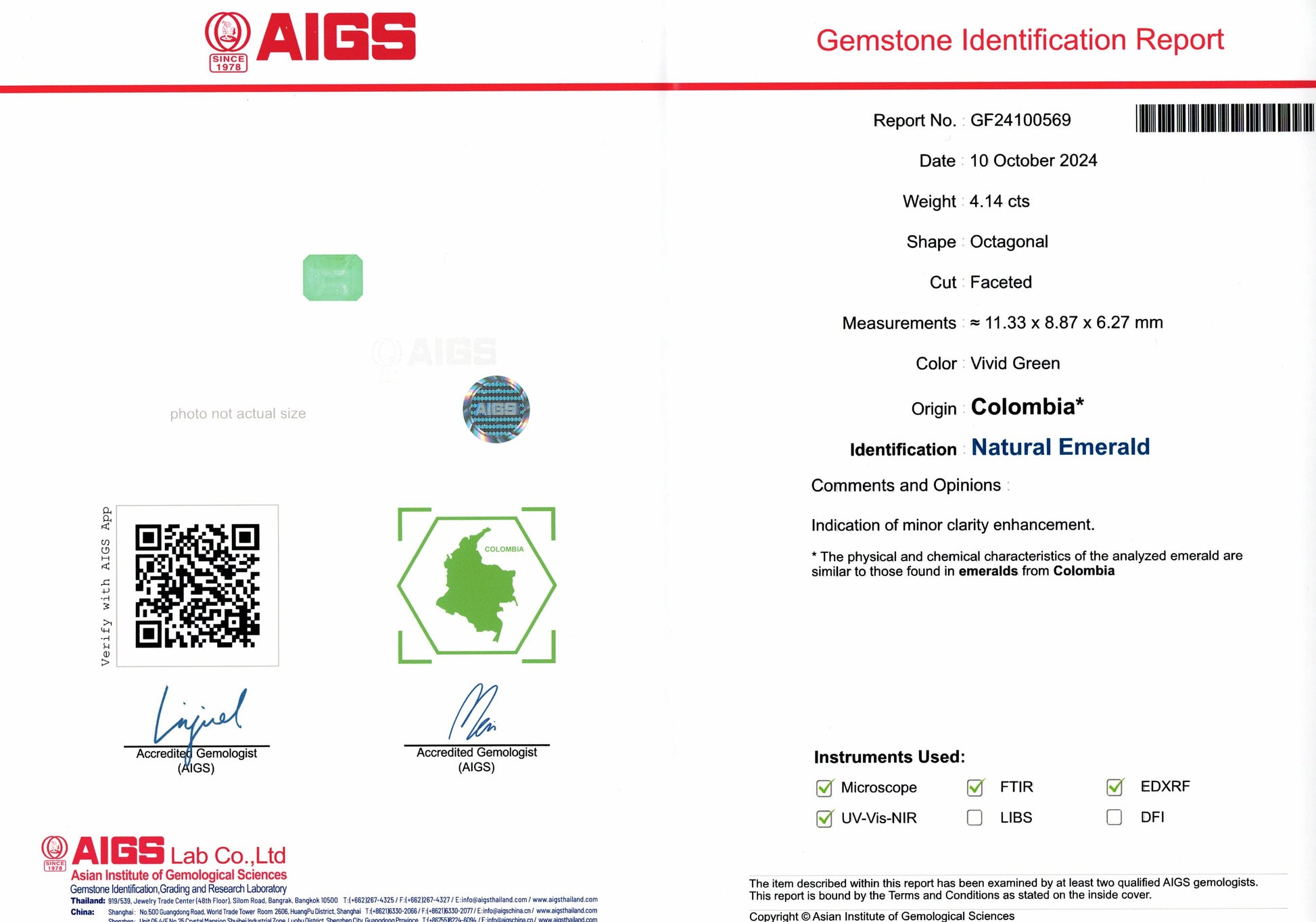 4.14ct Colombian Emerald AIGS Report
