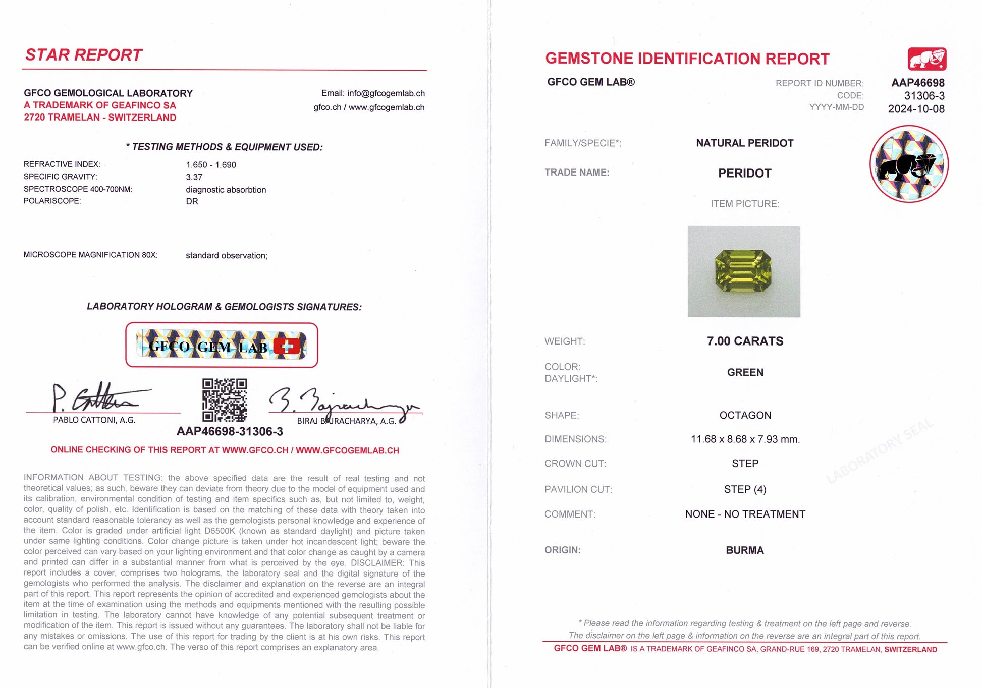 7.00ct Burmese Peridot Emerald Cut GFCO Report