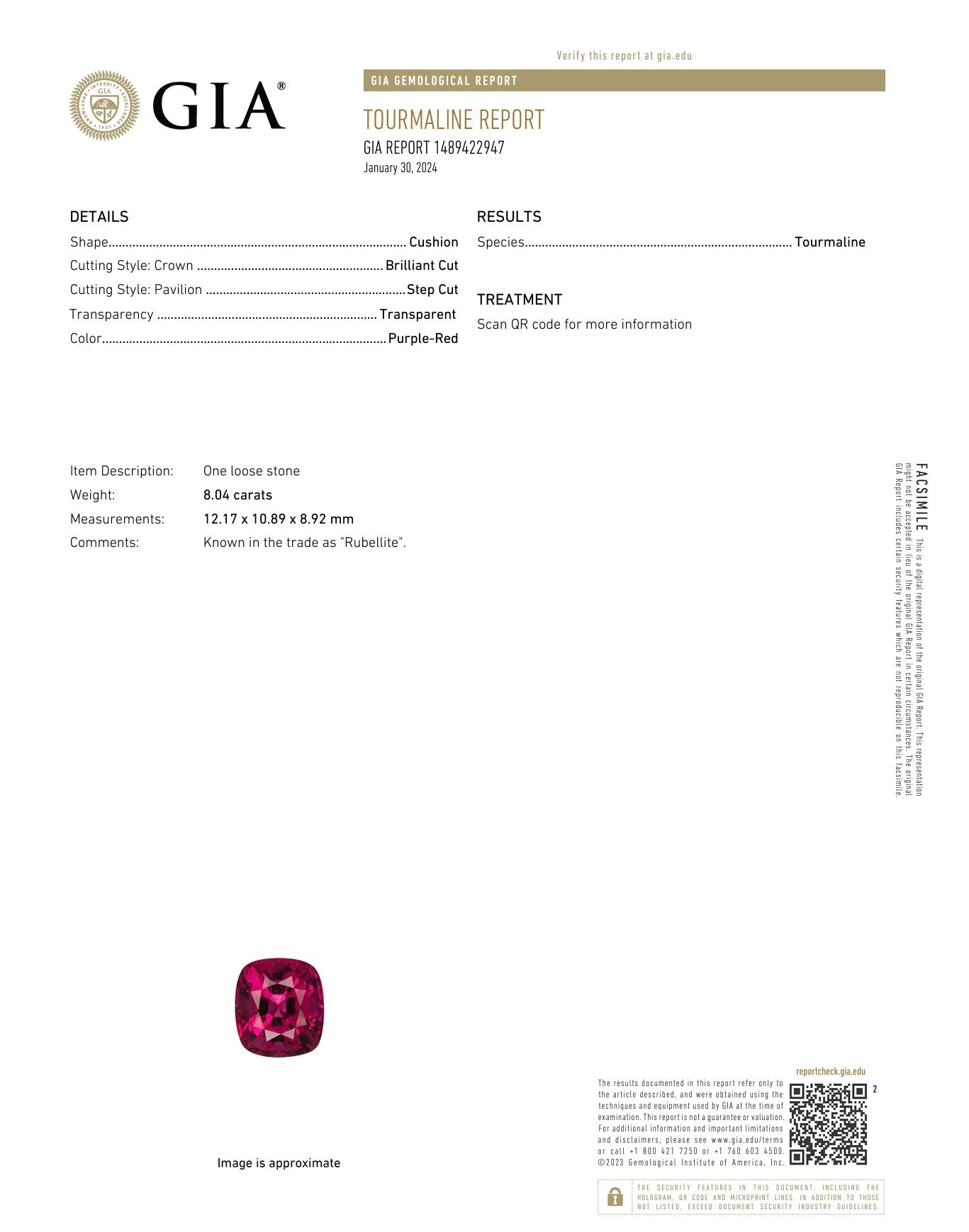 8.04ct Rubellite Tourmaline GIA Report